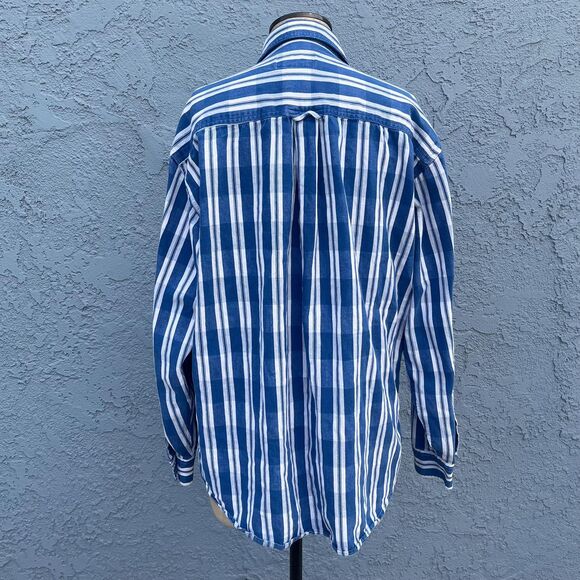 Vintage Cotton Shirt in Mens Large Blue Plaid 90s button down - Picture 8 of 11